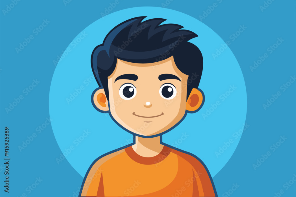 A cheerful young boy with dark hair smiles happily, wearing an orange shirt, set against a vibrant light blue background