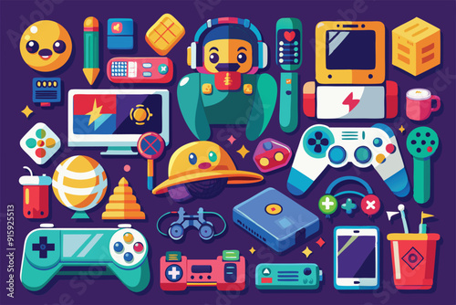 A vibrant assortment of gaming collectibles and entertainment devices arranged artistically with playful elements and nostalgic charm