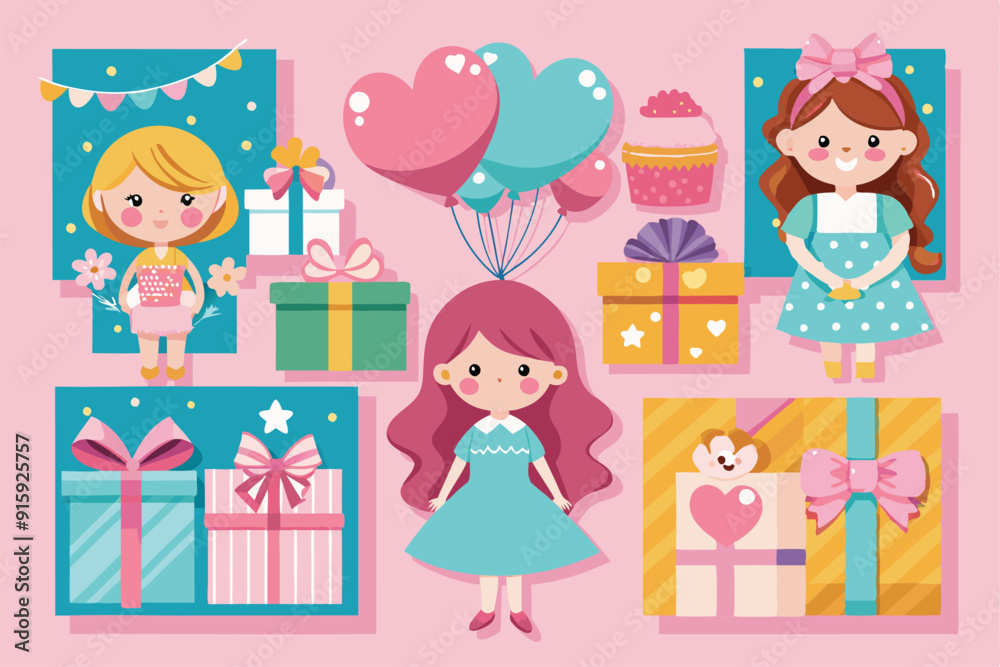 A vibrant collection showcasing gift and invitation cards for girls, featuring cute characters and colorful presents against a cheerful background