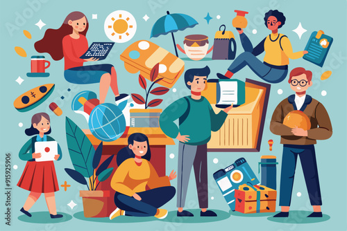A vibrant workspace filled with people engaged in different productive tasks, showcasing creativity and collaboration in various activities