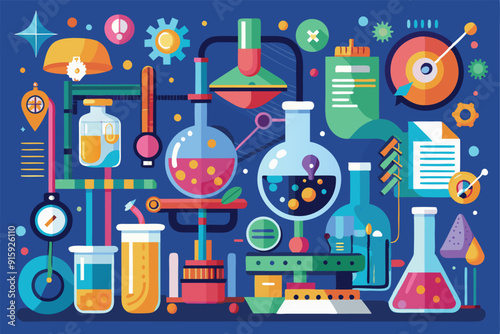 Colorful laboratory instruments and materials arranged, showcasing various scientific experiments and research activities in a high-tech environment