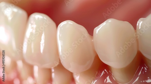 Close-up of a row of white teeth, with one tooth slightly larger and set back from the rest. The teeth have a smooth, glossy surface and reflect light.