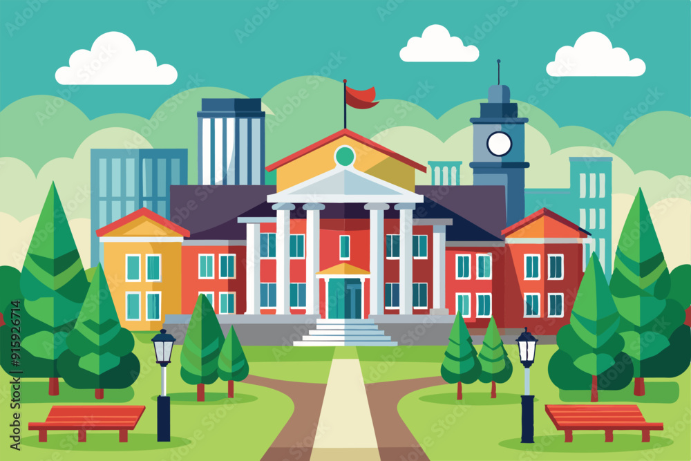 The illustration showcases a lively college campus with classic architecture, green trees, and a clear sky that exudes a welcoming atmosphere The illustration showcases a lively college campus with classic architecture, green trees, and a clear sky that exudes a welcoming atmosphere