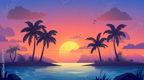 Cartoon simple tropical island background at dusk