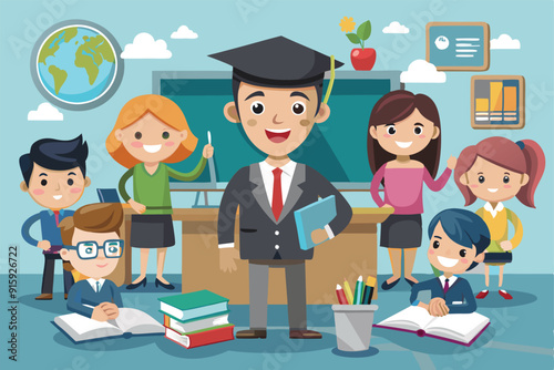 A vibrant cartoon shows a teacher and six students in a classroom, all actively participating in educational activities, emphasizing a fun learning environment