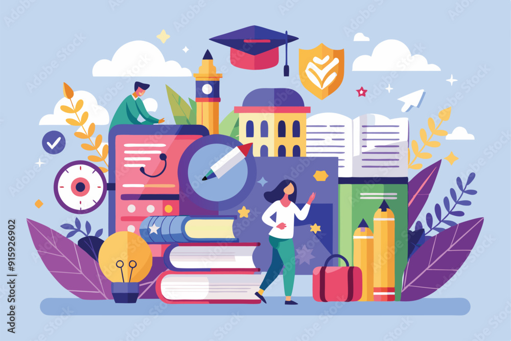 Students engage with study materials and icons symbolizing college entrance exam preparation in an inspiring academic setting