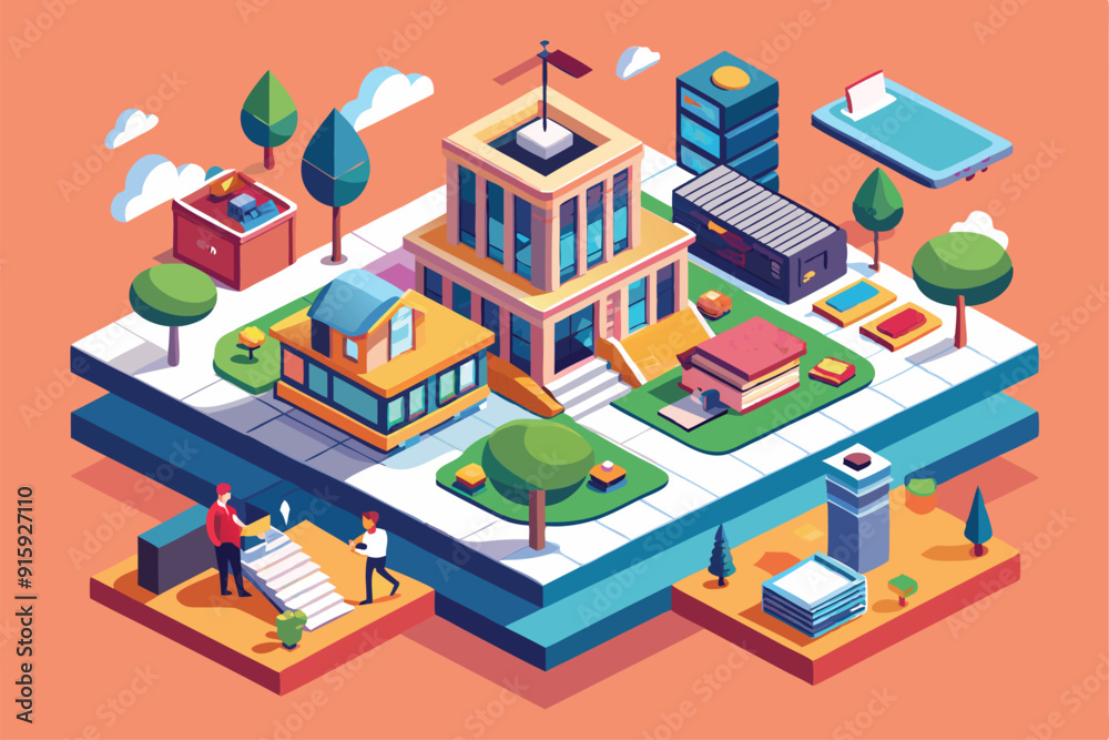 Obraz premium A lively depiction of a college campus featuring diverse buildings, students interacting, greenery, and an inviting atmosphere during daytime