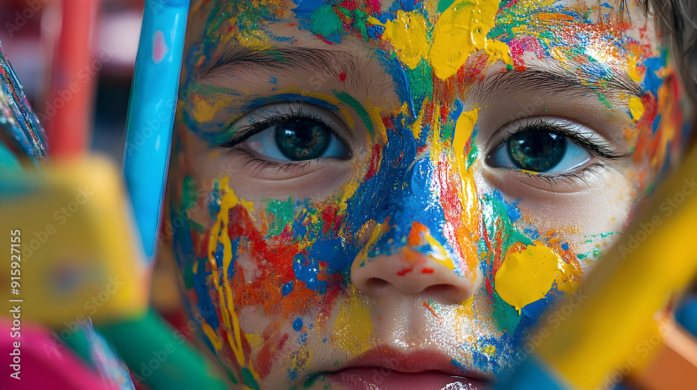 A childs face made of colorful paint splashes, with a background of an abstract playground with oversized toys A childs face made of colorful paint splashes, with a background of an abstract playground with oversized toys