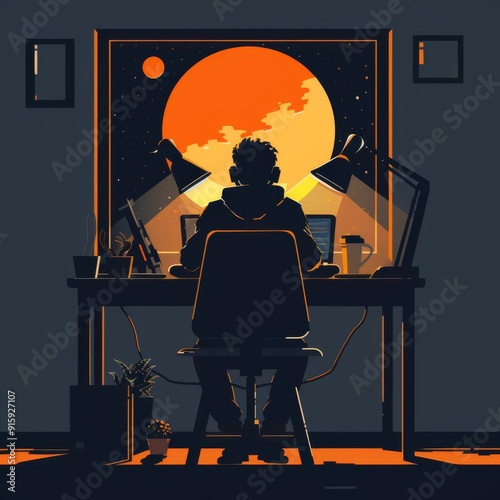 Workaholic on laptop, latenight work, flat design illustration photo