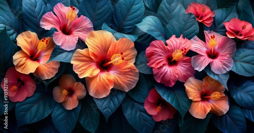 Wallpaper Mural Tropical Flowers in a Garden, Vibrant Colors, Blurred Background Torontodigital.ca