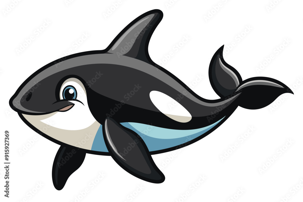 Fototapeta premium A cheerful killer whale swims gracefully in blue waters, featuring vibrant colors and a playful expression, perfect for fun and educational themes