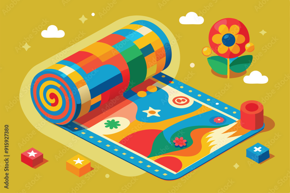 A vibrant roll mat designed for kids showcases playful patterns, encouraging imagination and interactive play in a bright, joyful setting A vibrant roll mat designed for kids showcases playful patterns, encouraging imagination and interactive play in a bright, joyful setting