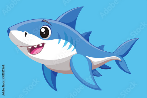 A cheerful baby great white shark swims playfully in vibrant blue water, showcasing its friendly expression and distinctive features