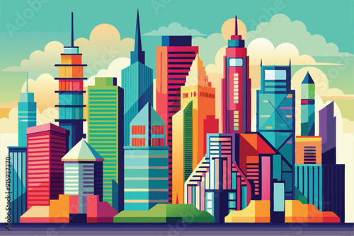 A bright city skyline filled with various colorful buildings and towering skyscrapers shines under a clear blue sky and soft clouds during dusk
