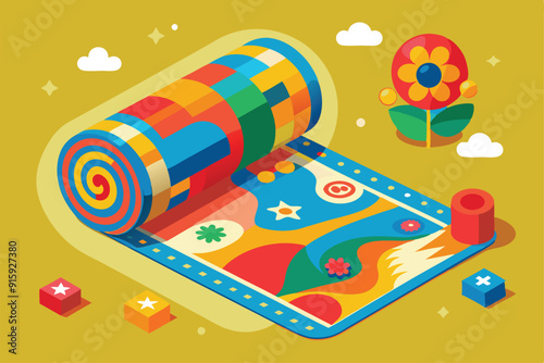 A vibrant roll mat designed for kids showcases playful patterns, encouraging imagination and interactive play in a bright, joyful setting