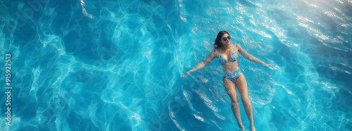 Woman Relaxing In The Pool.Aerial view