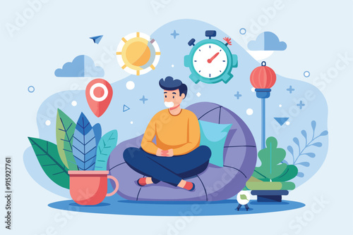 A young man sits comfortably in a cozy area, engaged in relaxation while surrounded by plants and time management symbols, promoting a tranquil atmosphere