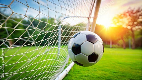 Soccer ball in  hitting the Goal net.