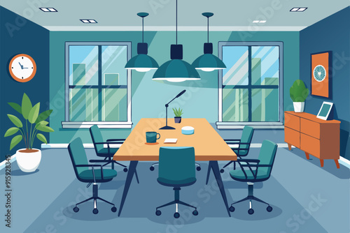 A spacious meeting room features a large table, ergonomic chairs, and decor including plants and wall art, all illuminated by sunlight through big windows
