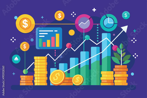 This illustration highlights increasing company earnings, showcasing charts, currency coins, and financial data trends