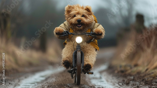Energetic Fluffy Dog Riding Bike 