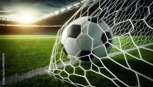Soccer ball in  hitting the Goal net.