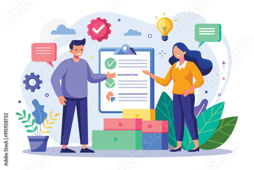 Two individuals celebrate the successful completion of contracts for cooperation, surrounded by colorful elements indicative of teamwork and planning