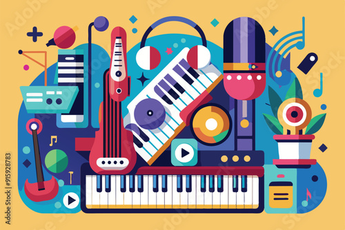 A vibrant display of various musical instruments and elements, capturing the essence of creativity and artistry in music composition