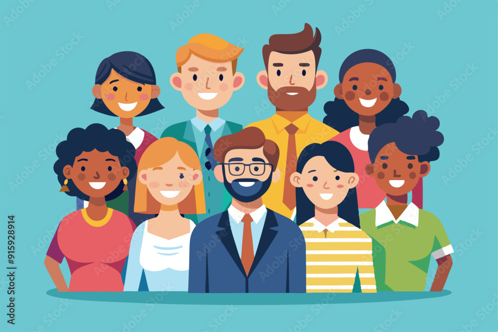 A diverse group of happy employees stands together, showcasing unity and collaboration in a vibrant workplace environment A diverse group of happy employees stands together, showcasing unity and collaboration in a vibrant workplace environment