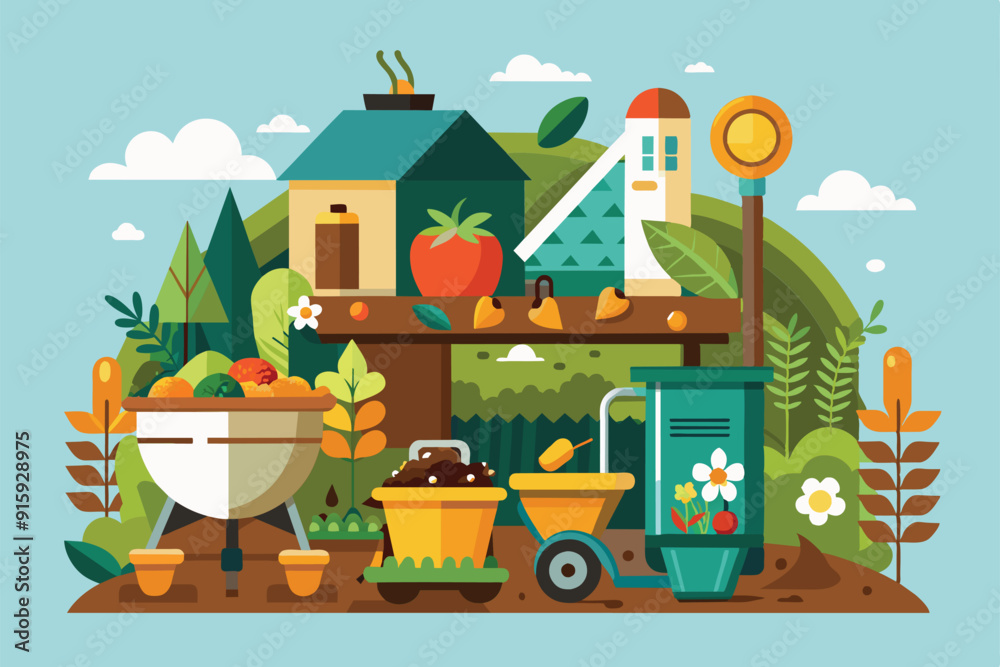 Explore the compost cycle with a flat illustration showcasing compost bins, gardening tools, and vibrant plants in a garden setting Explore the compost cycle with a flat illustration showcasing compost bins, gardening tools, and vibrant plants in a garden setting