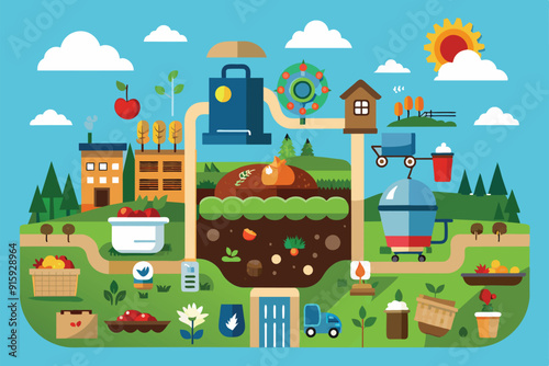 This illustration showcases the compost cycle, highlighting sustainable gardening practices through vibrant visuals in an agricultural landscape
