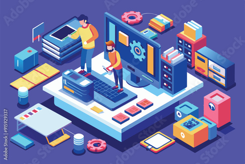 Two individuals conduct computer troubleshooting amidst various office supplies and tech equipment in a vibrant isometric style