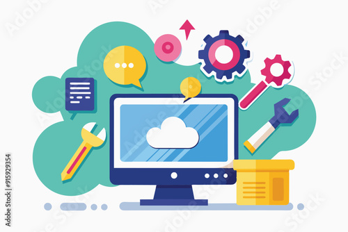 A visual representation of computer troubleshooting with tools, icons, and a monitor symbolizing repair services and technology solutions