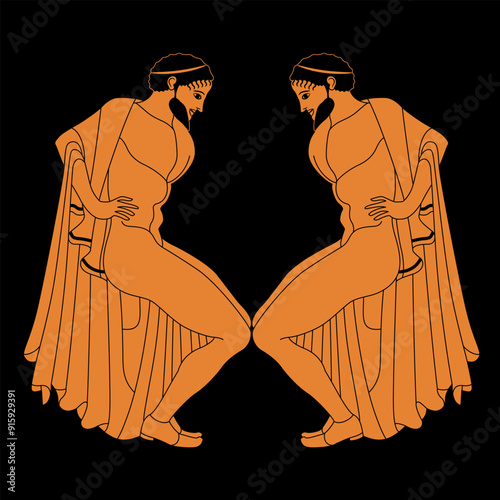 Symmetrical design with two ancient Greek men in a squatting position. Ethnic vase painting style. Black and orange silhouette.