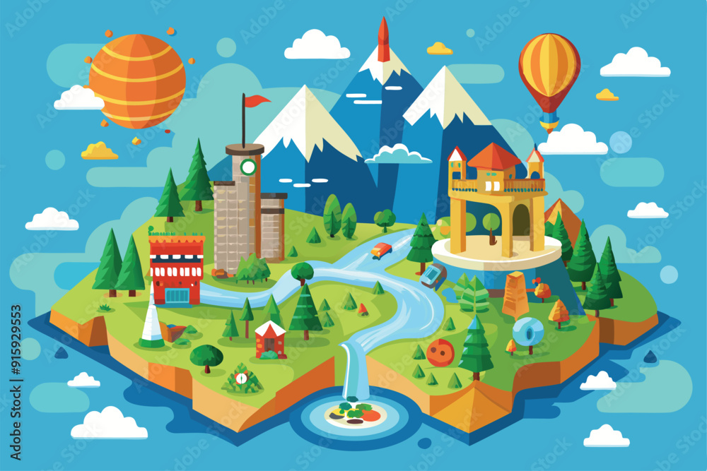 A vibrant cartoon map showcases mountains, rivers, and various buildings, complete with hot air balloons floating above a whimsical landscape A vibrant cartoon map showcases mountains, rivers, and various buildings, complete with hot air balloons floating above a whimsical landscape