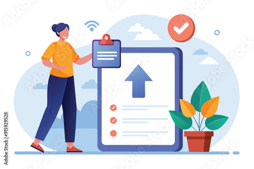 A man is backing up data on a device while checking off a list, with plants in a pot and a completed upload indicator nearby