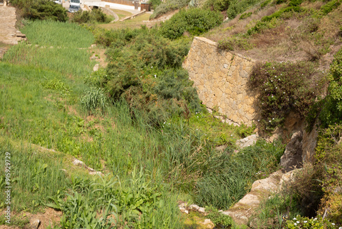 A stone wall sits nestled i...