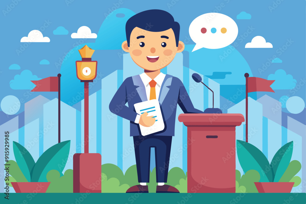 A cartoon character delivers a speech at a conference podium surrounded by flags and plants, engaging with the audience in a vibrant outdoor setting