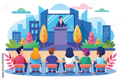 A speaker presents innovative ideas to an attentive audience in a contemporary city setting filled with autumn foliage