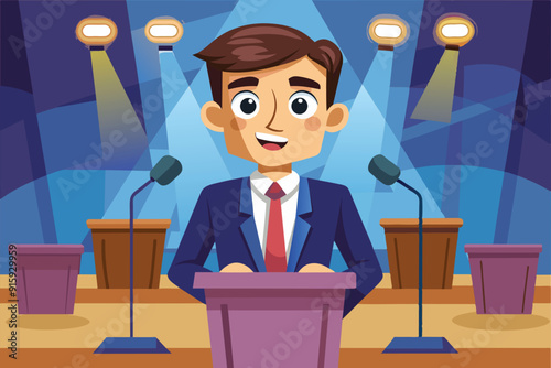 A speaker delivers a captivating presentation at a conference, surrounded by microphones and stage lights, connecting with the audience
