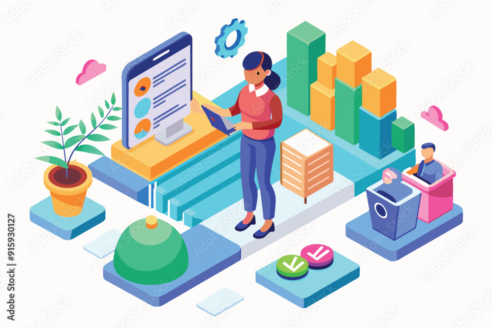 A woman analyzes data on a tablet in a vibrant workspace surrounded by charts, potted plants, and bins for efficient organization A woman analyzes data on a tablet in a vibrant workspace surrounded by charts, potted plants, and bins for efficient organization