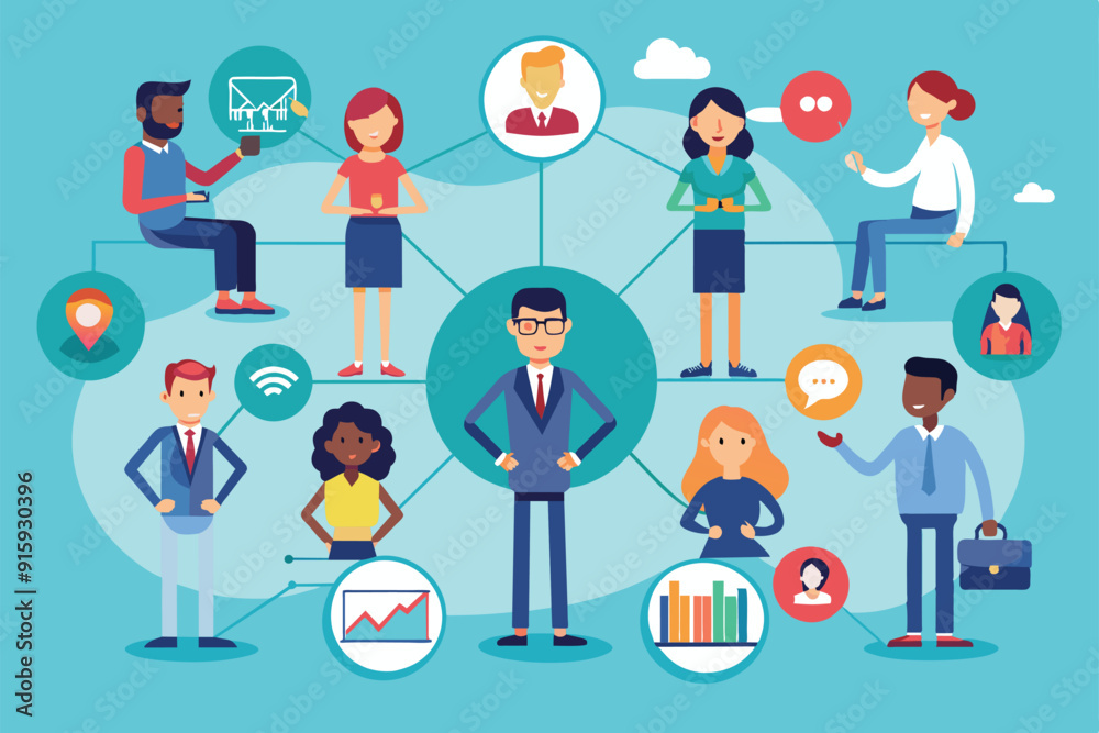 This visual depicts diverse team members engaging in collaboration and communication within a connected workspace environment This visual depicts diverse team members engaging in collaboration and communication within a connected workspace environment