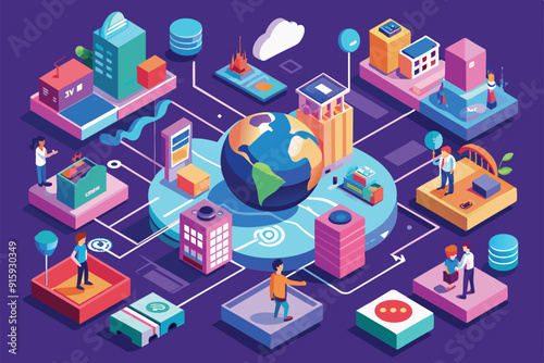 A vibrant isometric illustration showcases urban environments with people engaging in different activities around a central globe, highlighting connectivity