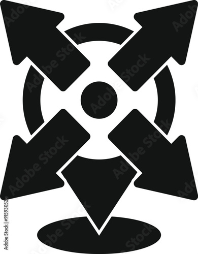 Black and white icon of four arrows pointing to the center, symbolizing a central meeting point or convergence of ideas