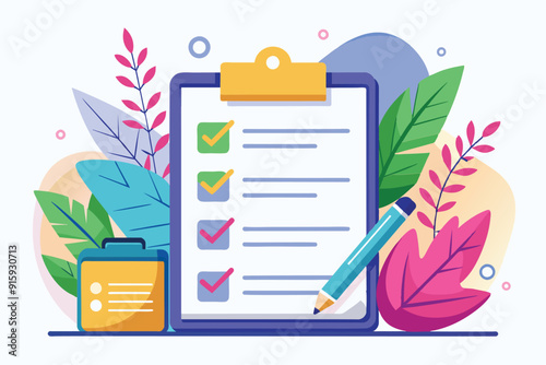 A vibrant checklist displays completed tasks, highlighted by colorful foliage and a pen, reflecting an organized and engaging environment