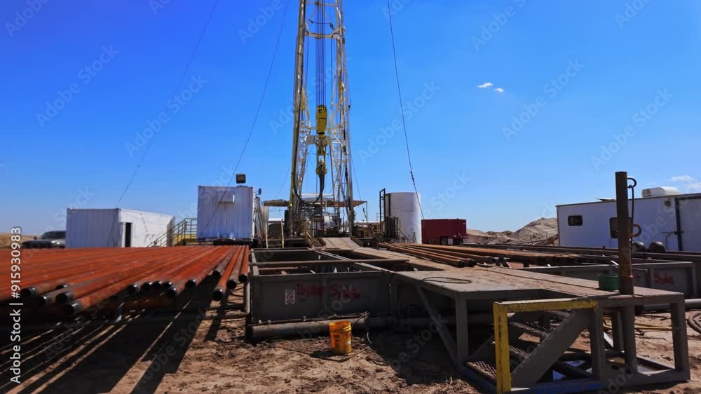 Lots of metal rusty pipes lie under the derrick at oil production site. Oil industry company in the desert. Lots of metal rusty pipes lie under the derrick at oil production site. Oil industry company in the desert.