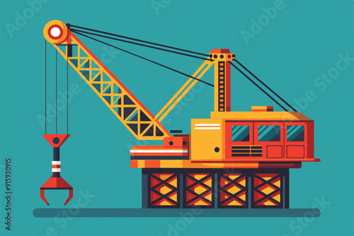 A bright yellow construction crane stands tall, ready to lift heavy materials at a bustling construction site under a clear blue sky