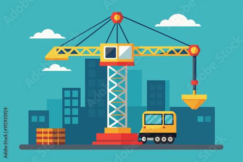 A colorful cartoon crane towers over a bustling city construction site, surrounded by buildings, a truck, and stacks of materials