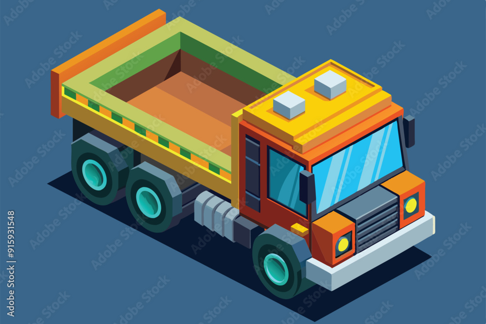 A colorful construction truck is parked with its bed raised, showcasing its customizable design in a vibrant isometric style A colorful construction truck is parked with its bed raised, showcasing its customizable design in a vibrant isometric style
