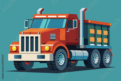 A colorful illustration features a customizable construction truck designed for various projects, showcasing its robust build and distinctive details